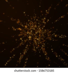 Beautiful starry snow Christmas overlay. Christmas lights, bokeh, snow flakes, stars on night background. Luxury actual sparkling overlay template. Appealing vector illustration.