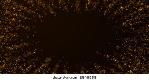 Beautiful starry snow Christmas overlay. Christmas lights, bokeh, snow flakes, stars on night background. Luxury actual sparkling overlay template. Stunning vector illustration.