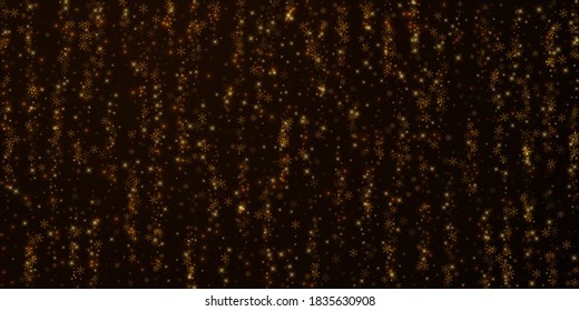 Beautiful starry snow Christmas overlay. Christmas lights, bokeh, snow flakes, stars on night background. Luxury actual sparkling overlay template. Mesmeric vector illustration.
