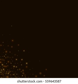 Beautiful starry snow. Messy bottom left corner with beautiful starry snow on black background. Vector illustration.
