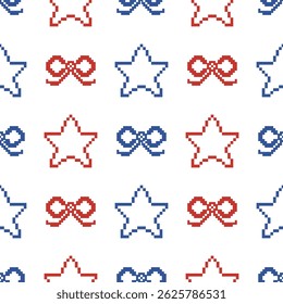 Beautiful stars and ribbons pixel seamless pattern.Abstract geometric background.USA Independent day,4th July celebration.Holiday festival decoration.Design for Christmas,birthday,texture deco