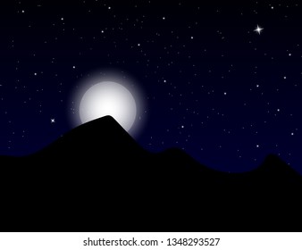 Beautiful Stars sky with mountains and full moon. Beautiful landscape. Vector illustration. Eps10