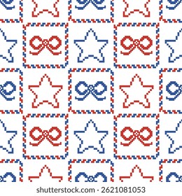 Beautiful stars,stripes and ribbons pixel seamless pattern.Abstract geometric background.USA Independent day,4th July celebration.Holiday festival decoration.Design for Christmas,birthday,texture deco