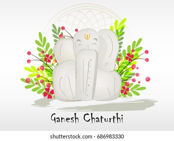 Beautiful Statue of Lord Ganesha on decorative background with flowers and leaves, Wallpaper design for Hindu Festival Ganesh Chaturthi.
