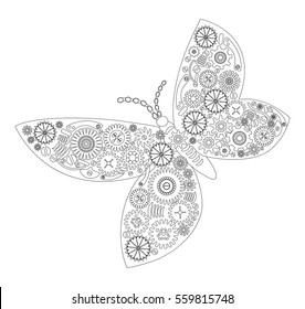 Beautiful steampunk butterfly. Page of coloring book for children and adults, art therapy. Outline drawing, cogwheels. Vector illustration. Fantastic insect in vintage style.