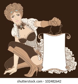 Beautiful steampunk girl  holding a empty banner. Vector illustration.