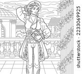 Beautiful steampunk woman. Adult coloring book page in mandala style