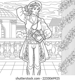 Beautiful steampunk woman. Adult coloring book page in mandala style