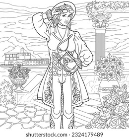 Hermosa mujer de steampunk en el muelle floral. Página del libro de colorear para adultos con un adorno intrincado.