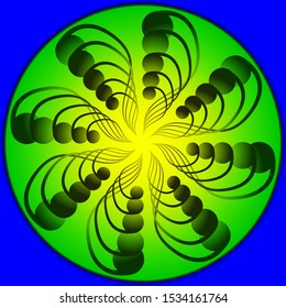 Beautiful stems growing in the shape of a flower. Abstract flower in a yellow-green gradient circle on a blue background.