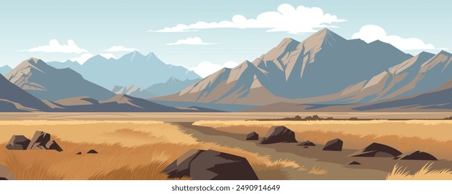 Beautiful steppe and mountains vector illustration. A prairie landscape with steppe grasses, meadows and fields against a backdrop of amazing mountains and volcanic hills. Panoramic landscape.