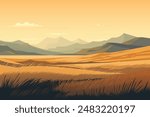 Beautiful steppe vector illustration. A prairie landscape with steppe grasses, meadows and fields against the backdrop of amazing mountains and hills. Landscape for design and print.
