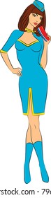 Beautiful stewardess with air ticket. Vector illustration