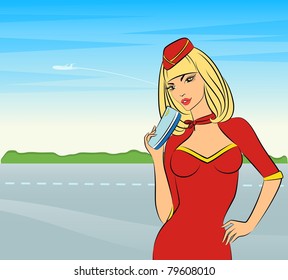 Beautiful stewardess with air ticket. Vector illustration