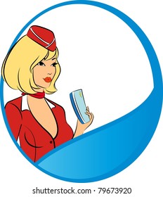 Beautiful stewardess with air ticket. Vector illustration