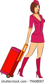 Beautiful stewardess with suitcase. Vector illustration