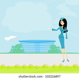Beautiful stewardess with ticket
