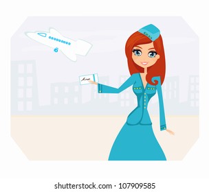 Beautiful stewardess with ticket