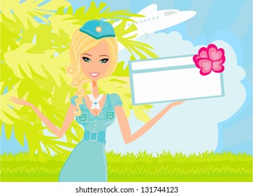 Beautiful stewardess with ticket