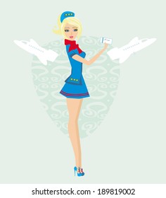 Beautiful stewardess with ticket