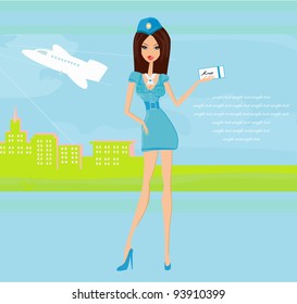 Beautiful stewardess with ticket
