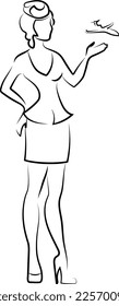 Beautiful stewardess in uniform points to the plane with her hand. Black outline, symbols, logo