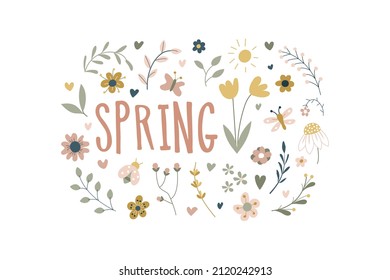 Beautiful sticker with the inscription Spring and beautiful spring flowers, leaves, butterflies. Hand drawn. Vector illustration