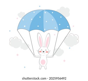 Beautiful sticker with rabbit. Cute bunny flying with parachute. Design for postcards, posters, covers and printing on children clothing. Cartoon flat vector illustration isolated on white background