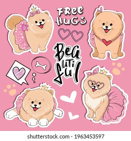 Beautiful stickers little spitz dogs girl and the inscription beautiful. Vector cartoon illustration for kids t-shirt design