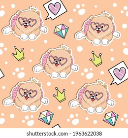 Beautiful stickers little spitz dogs girl seamless pattern. Vector cartoon illustration for kids t-shirt design