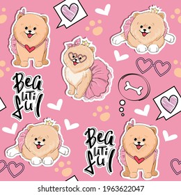 Beautiful stickers little spitz dogs girl and the inscription beautiful seamless pattern. Vector cartoon illustration for kids t-shirt design