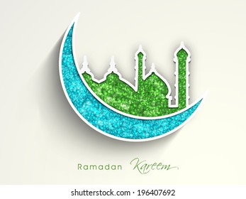 Beautiful sticky with green mosque and blue moon on grey background for holy month of muslim community Ramadan Kareem.