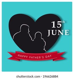 Beautiful sticky in heart shape with line art design of a young father with his son on grey background. 