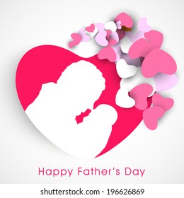 Beautiful sticky in heart shape with white silhouette of a young father and little baby on grey background. 