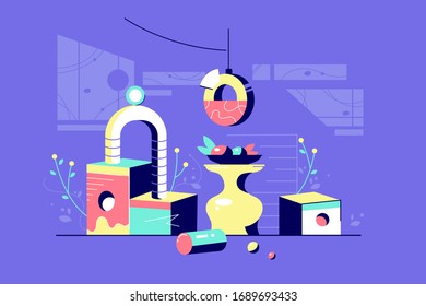 Beautiful still life vector illustration. Decoration composition including fruit and flowers, bowl and glassware flat style design. Modern art concept