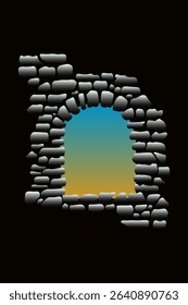 Beautiful stone brick arch with outside view isolated on black background - vector illustration