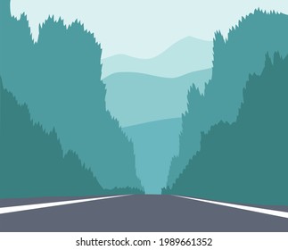 Beautiful straight road illustration hills and trees vector illustration