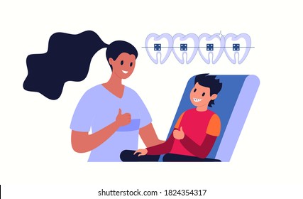 Beautiful straight white teeth with braces. Boy at the dentist sits on a chair, smiling at the friendly doctor. Vector flat cartoon illustration.