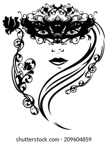 Beautiful stranger girl - woman face hidden behind luxurious carnival mask - black and white vector outline