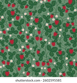 Beautiful strawberry seamless pattern on green background