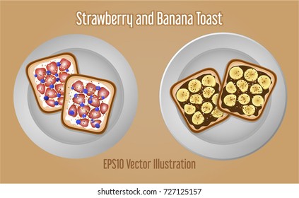 Beautiful strawberry toast with marshmallow spread and banana sandwich with chocolate, delicious vegan vegetarian breakfast brunch food, vector illustration