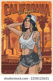 Beautiful street girl poster colorful model in shorts and t-shirt with tattoo standing in city of Los Angeles vector illustration