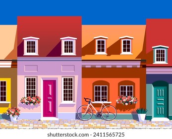 A beautiful street with old historic houses, doors, windows and flowers on the windowsills. Handmade drawing vector illustration.