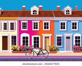 A beautiful street with old historic houses, doors, windows and flowers on the windowsills. Handmade drawing vector illustration.