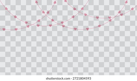 Una hermosa cadena de luces en forma de corazón de color rosa brillante dispuestas en una guirnalda decorativa o frontera, perfecto para el día de San Valentín, bodas o eventos románticos. Aislado en un fondo transparente