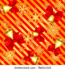 Beautiful Striped Background with Golden Snowflakes, Bells and Red Bows. New Year Festive Bright Pattern. Greeting card. Beautiful Design Decoration of Gift Packaging. Red background.