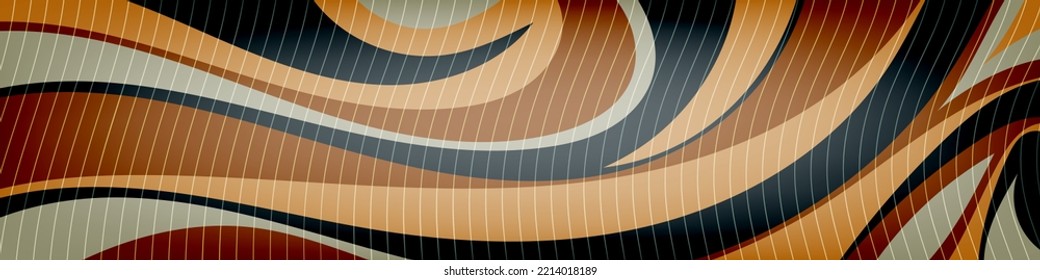 Beautiful striped banner in warm colors. Wavy thin lines on the background of a surface of multi-colored abstract shapes with smooth edges. Vector.