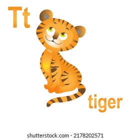 Beautiful striped dangerous tiger, wonderful bright forest cat, ABC children's banner. Postcards, a poster with the alphabet.  Game room design. Vector