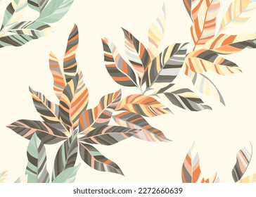 Beautiful striped foliage endless pattern design. Artistic botanical spring bandana tissue print. Paradise tree branch leafage seamless pattern. Tropical plant elements.