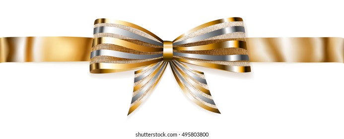 Beautiful striped golden shiny bow with horizontal ribbon with shadow